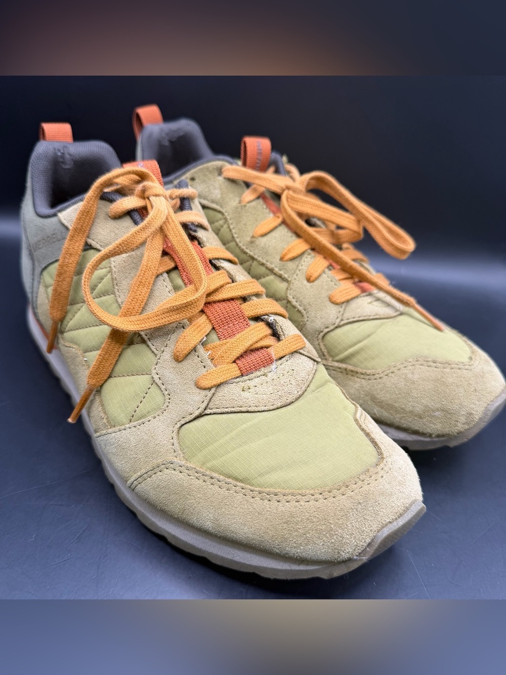 Merrell- Men's Olive Green/Orange Trail Sneakers, Size:8, Some wear